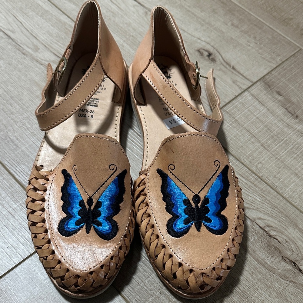 Tan Leather Sandals with Blue Butterfly